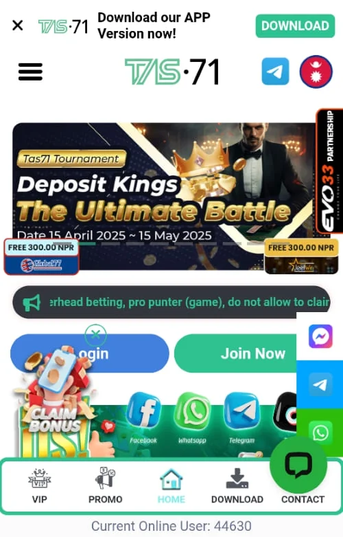 TAS71 mobile homepage and bonus TAS71 mobile home showing Deposit Kings banner, bonus offer tags, download link, and login buttons