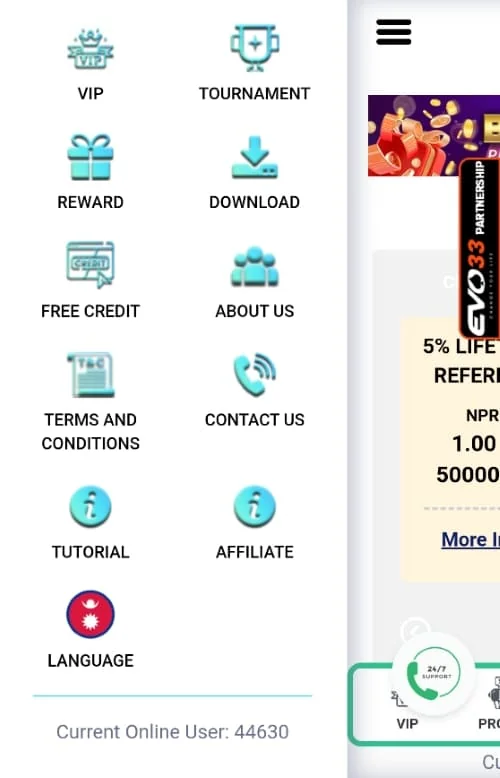 TAS71 full mobile menu view Expanded mobile menu with VIP, rewards, free credit, contact, affiliate, and tutorial options visible