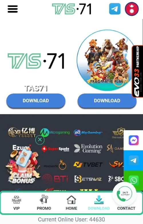 Game provider icons and app download Mobile view showing TAS71 and Pragmatic Play download links above a grid of gaming provider logos