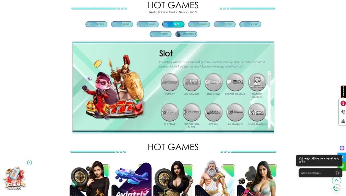 TAS71 main slot section view Slot category page showing characters, classic slot symbols, and provider icons like JILI and KA Gaming